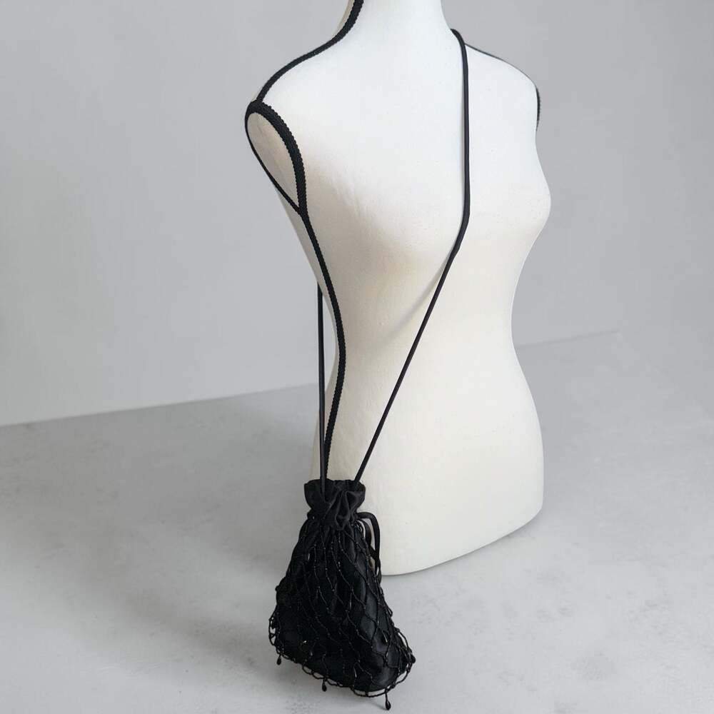 Black Satin Drawstring Bucket Bag with Beaded Macrame Overlay